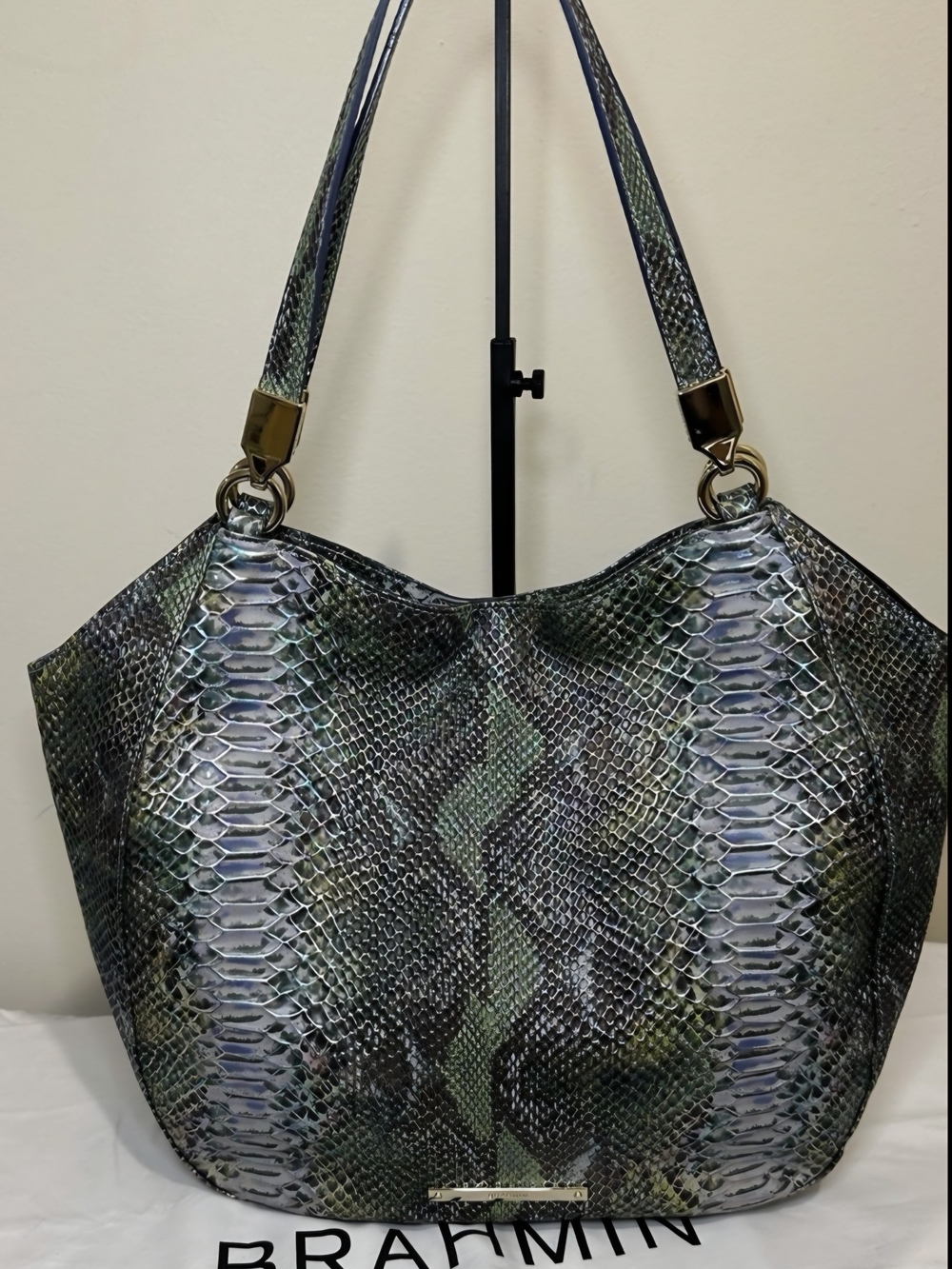 Brahmin Iridescent Green Snake-Embossed Marianne Shoulder Bag